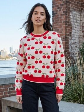 Cherry-Print Red & Cream Crewneck Sweater - Size M